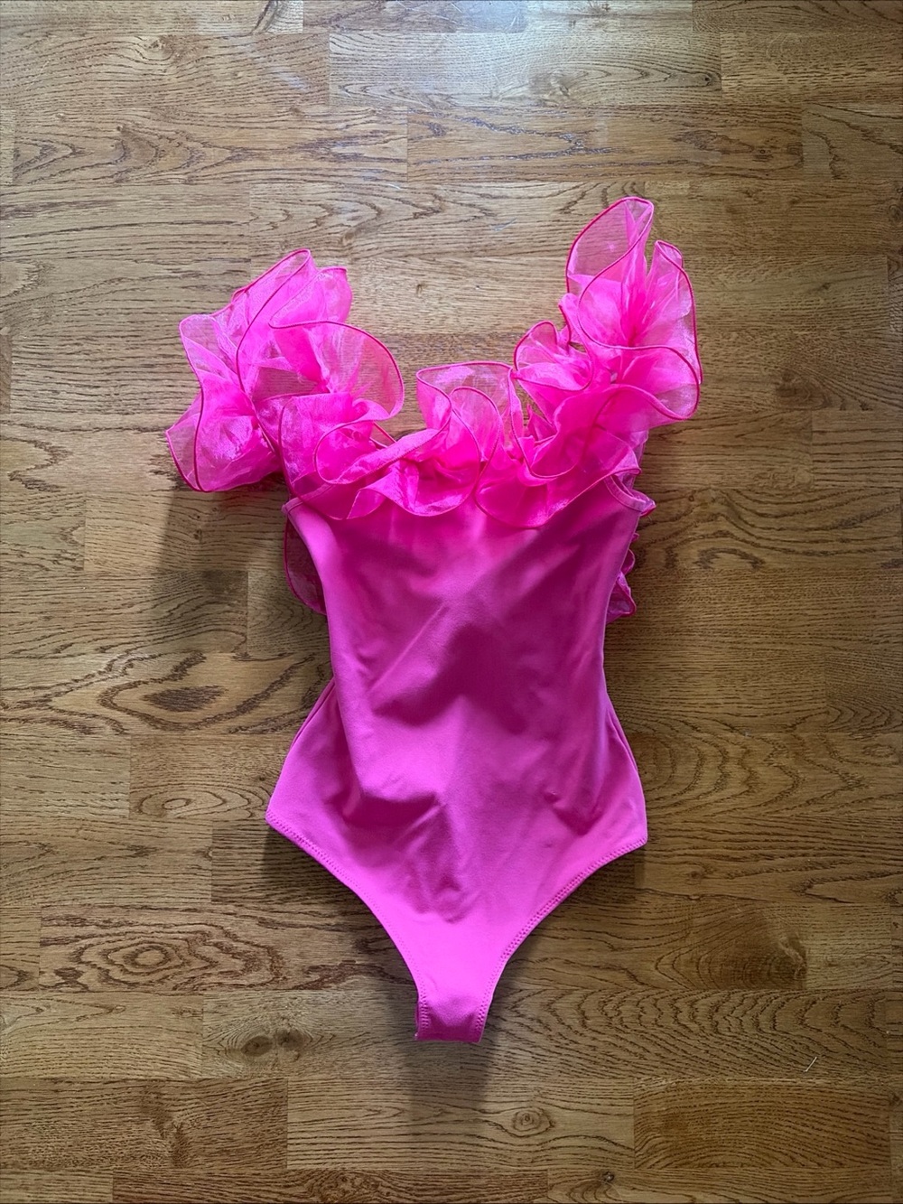 Free People Haute Wired Bodysuit Hot Pink Organza Ruffle Tank Backless Berry XS
